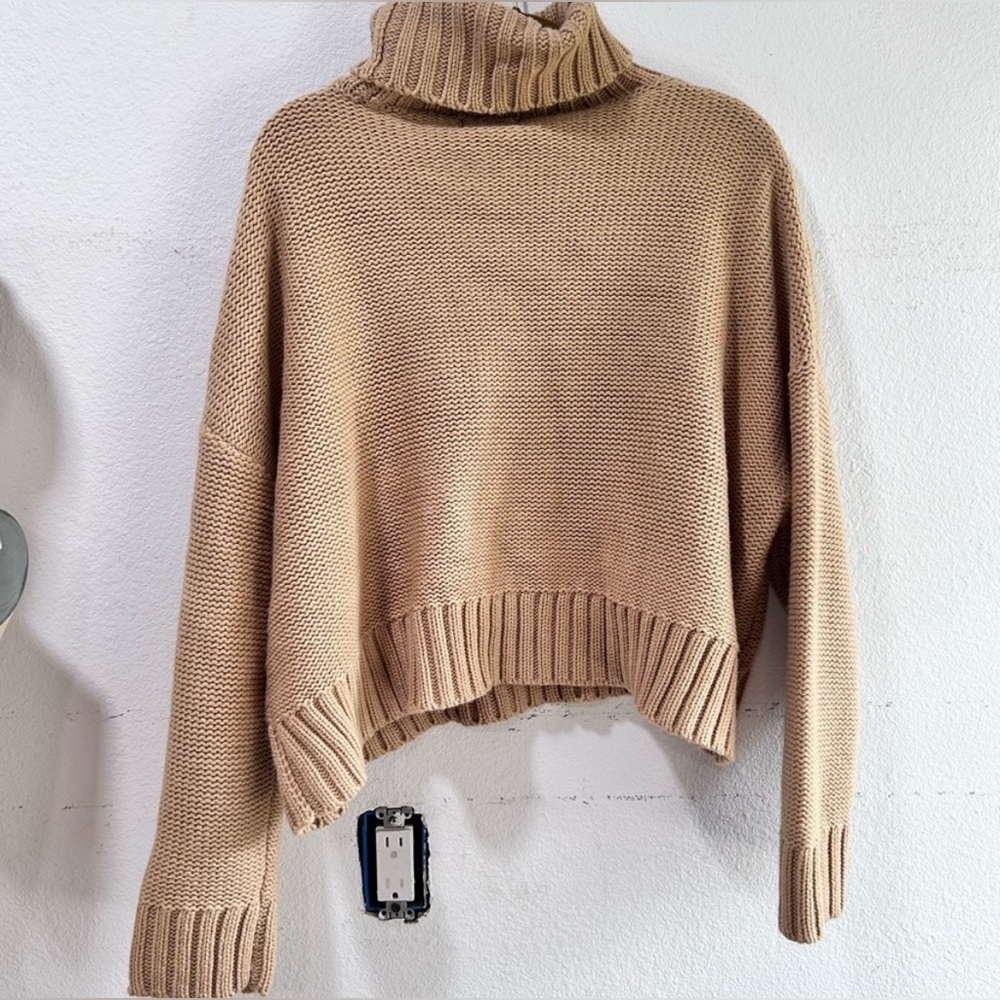 Calvin Klein Camel Knit Pullover Cozy Tan Cable Knit Turtleneck Sweater - Picture 9 of 16
